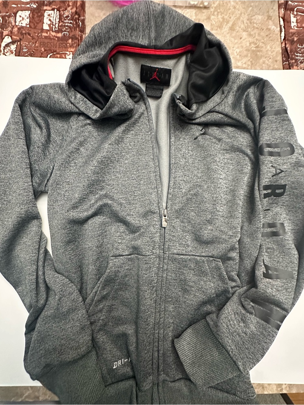 Jordan Heather Gray Hooded Zip Jacket with Black & Red Trim